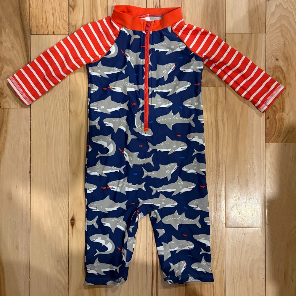 Baby Boden Orange Shark Print Swimsuit